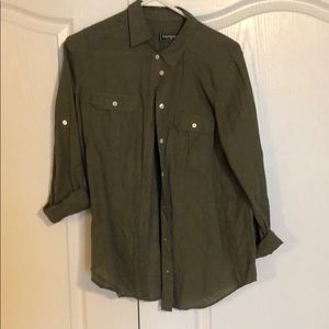 Linen/Cotton blend army green button down